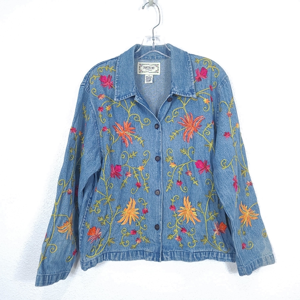 Tantrums Blue Denim Button-Down Jacket with Orange & Red Floral Embroidery - Picture 2 of 13